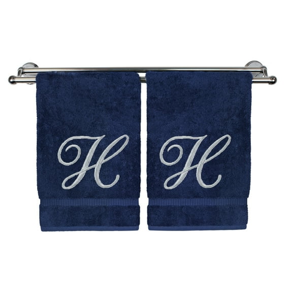 Monogrammed Washcloth Towel, Personalized Gift, 13x13 Inches - Set of 2 - Silver Script Embroidered Towel - Extra Absorbent 100% Turkish Cotton - Soft Terry Finish - Initial H Navy