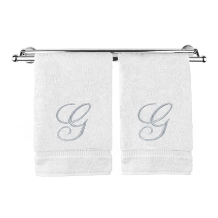 Monogrammed Washcloth Towel, Personalized Gift, 13x13 Inches - Set of 2 - Silver Script Embroidered Towel - Extra Absorbent 100% Turkish Cotton - Soft Terry Finish - Initial G White