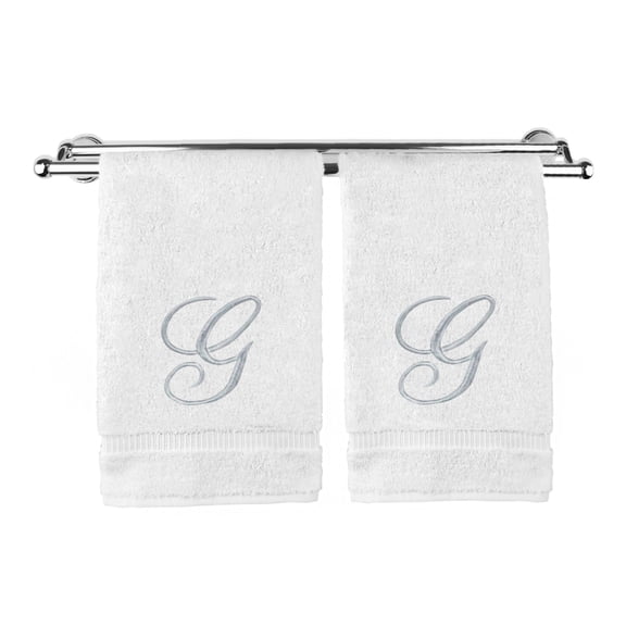 Monogrammed Washcloth Towel, Personalized Gift, 13x13 Inches - Set of 2 - Silver Script Embroidered Towel - Extra Absorbent 100% Turkish Cotton - Soft Terry Finish - Initial G White