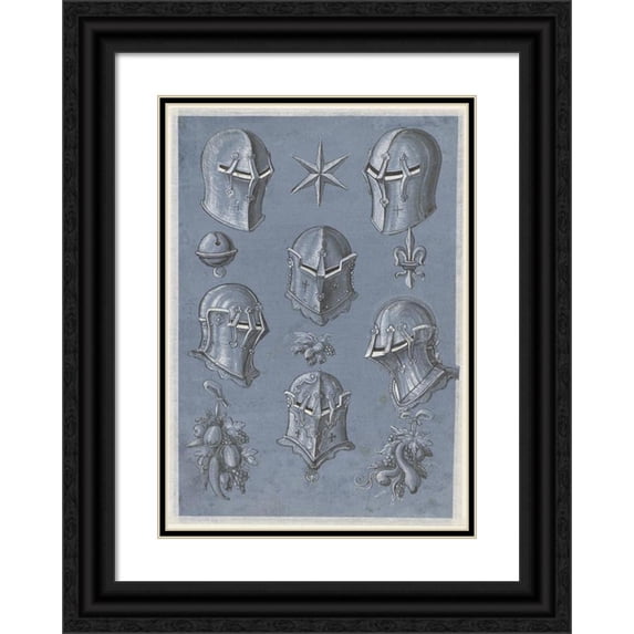 Monogrammist TA 14x18 Black Ornate Wood Framed Double Matted Museum Art Print Titled - Six Helmets Leaf, a Star, a Heraldic Lily, a Bell and Three Fruit Bunches (1593)