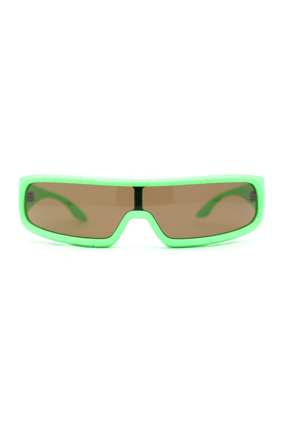 Monolens Narrow Shield Cyclops Wrap Robotic Plastic Sunglasses Green - Brown