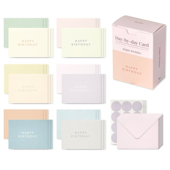 Monolike Day-by-day Card, Happy Birthday - Mix 36 Mini Single Cards, 36 Envelopes, 36 Stickers Package
