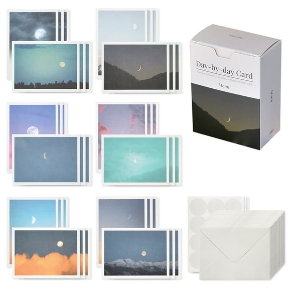 Monolike Day-by-Day Card, Moon - Mix 36 Mini Single Cards, 36 Envelopes, 36 Stickers Package