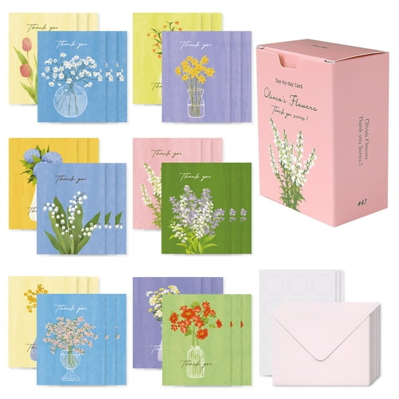Monolike Day-by-Day Card, Thank You - Olivia's Flowers Series.1 - Mix 36 Mini Single Cards, 36 Envelopes, 36 Stickers Package