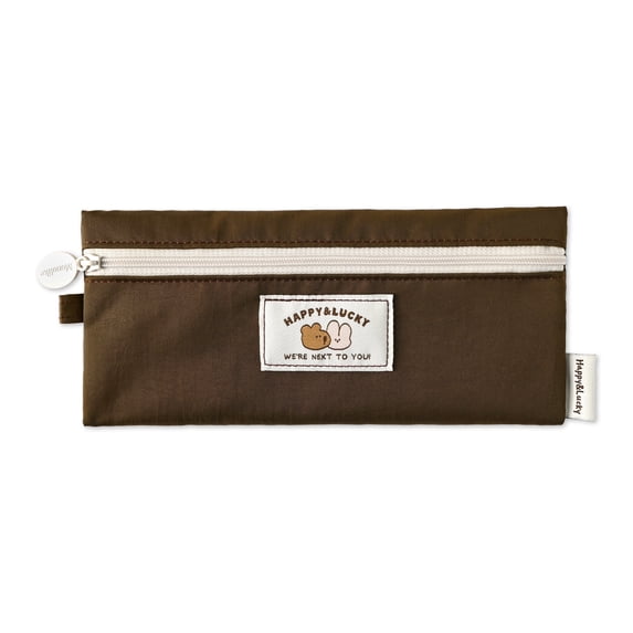 Monolike Happy and Lucky Flat Pencil Case, Brown - Slim Water-Resistant Nylon Pen Pouch, Aesthetic Pastel Stationery Organizer for Office