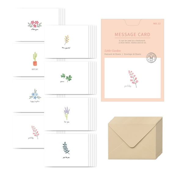 Monolike Message Little Garden Card - Mix 40 Mini Single Cards, 20 Envelopes Package