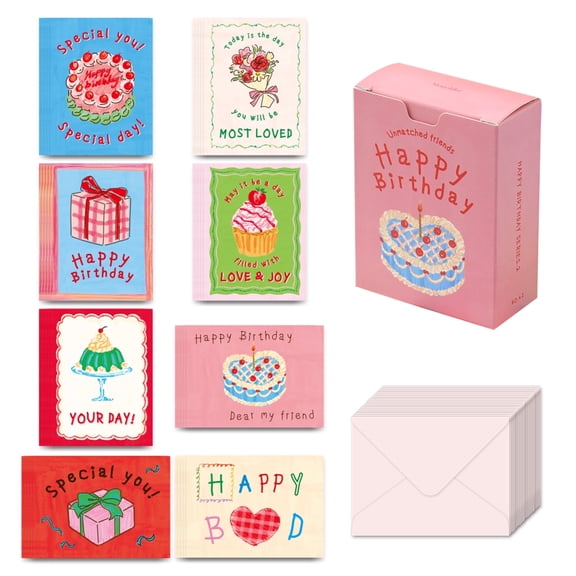 Monolike Message Unmatched friends Happy Birthday Series.2 Card - Mix 40 Mini Single Cards, 20 Envelopes Package