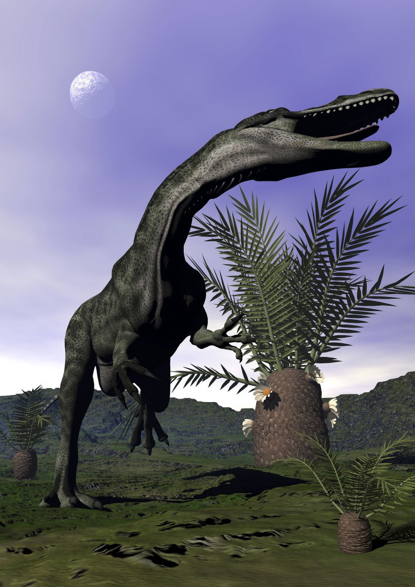 Monolophosaurus dinosaur roaring next to cycadeoidea plant Canvas Art - Elena DuvernayStocktrek Images (12 x 17)