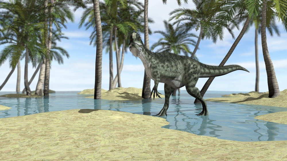 Monolophosaurus grazing shallow waters of a prehistoric environment Canvas Art - Kostyantyn IvanyshenStocktrek Images (38 x 22)