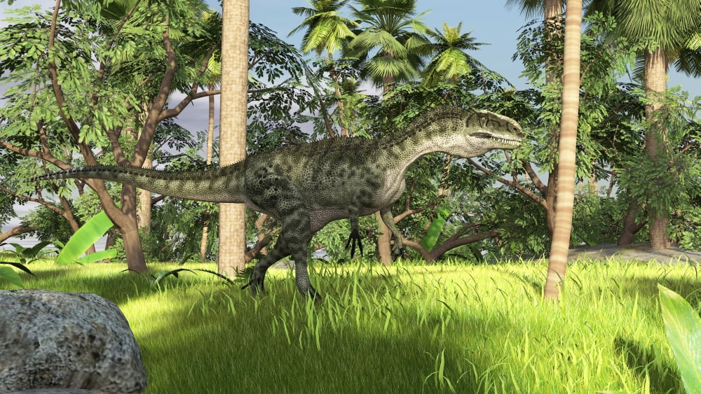 Monolophosaurus in a prehistoric tropical landscape Canvas Art - Kostyantyn IvanyshenStocktrek Images (38 x 22)