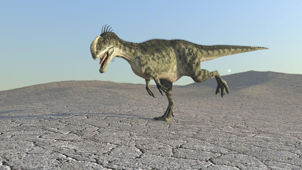 Monolophosaurus running across a barren desert Canvas Art - Kostyantyn IvanyshenStocktrek Images (19 x 11)