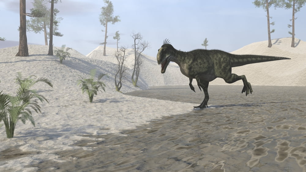 Monolophosaurus running across a desert landscape Canvas Art - Kostyantyn IvanyshenStocktrek Images (38 x 22)