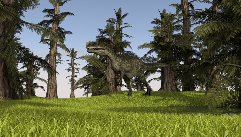 Monolophosaurus running across a grassy field Canvas Art - Kostyantyn IvanyshenStocktrek Images (19 x 11)