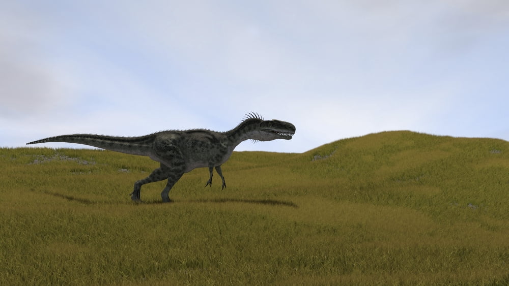 Monolophosaurus running across a grassy field Canvas Art - Kostyantyn IvanyshenStocktrek Images (19 x 11)