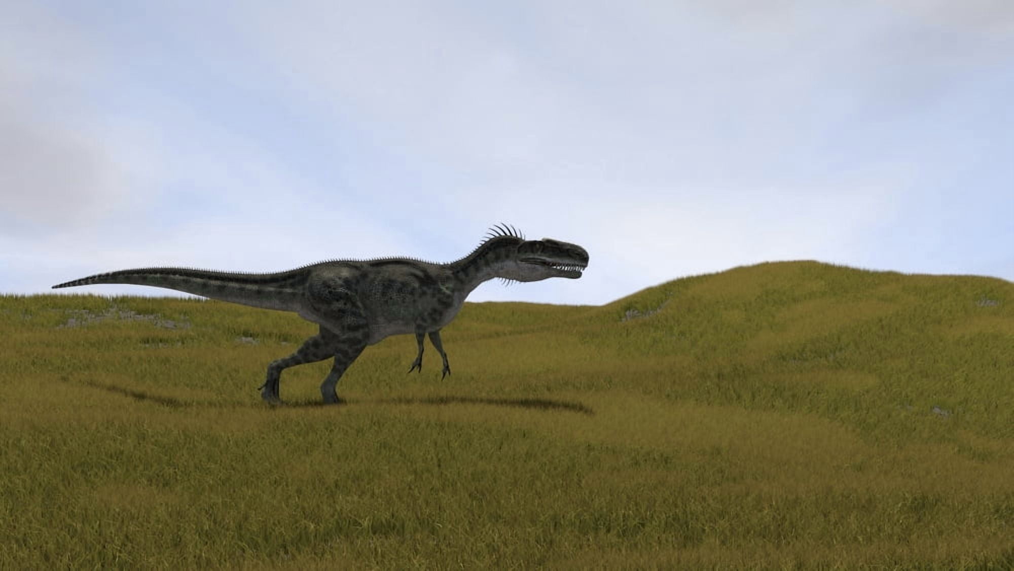 Monolophosaurus running across a grassy field Canvas Art - Kostyantyn IvanyshenStocktrek Images (38 x 22)