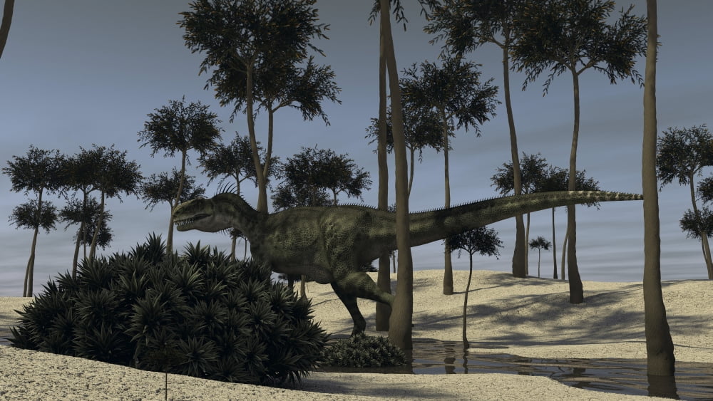 Monolophosaurus running along a stream Canvas Art - Kostyantyn IvanyshenStocktrek Images (19 x 11)