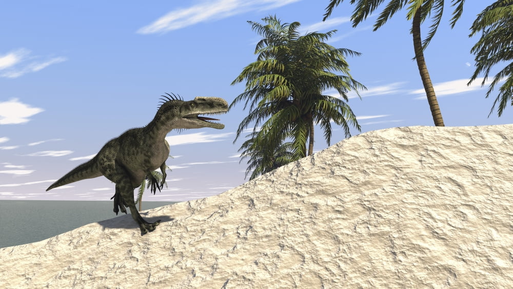 Monolophosaurus running along the shore Canvas Art - Kostyantyn IvanyshenStocktrek Images (38 x 22)