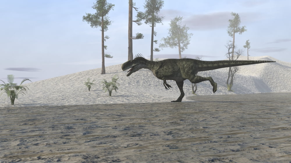 Monolophosaurus running along the shoreline Canvas Art - Kostyantyn IvanyshenStocktrek Images (38 x 22)