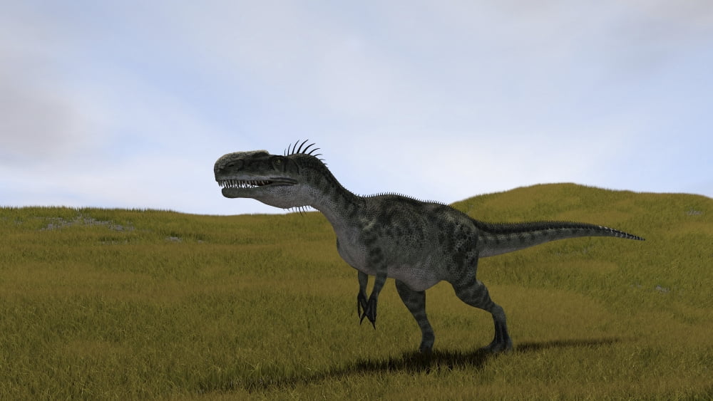 Monolophosaurus walking across a grassy field Canvas Art - Kostyantyn IvanyshenStocktrek Images (19 x 11)