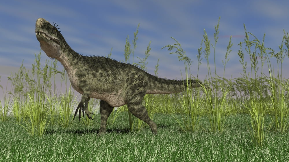 Monolophosaurus walking across a grassy field Canvas Art - Kostyantyn IvanyshenStocktrek Images (38 x 22)
