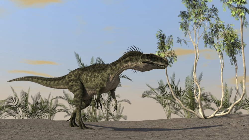 Monolophosaurus walking across an open desert Canvas Art - Kostyantyn IvanyshenStocktrek Images (38 x 22)