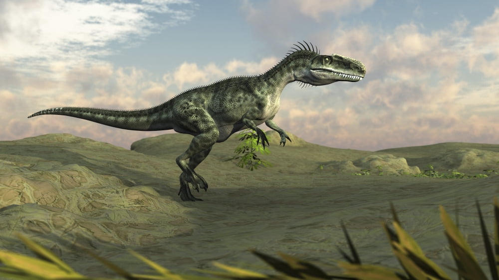 Monolophosaurus walking across desert terrain Canvas Art - Kostyantyn IvanyshenStocktrek Images (38 x 21)