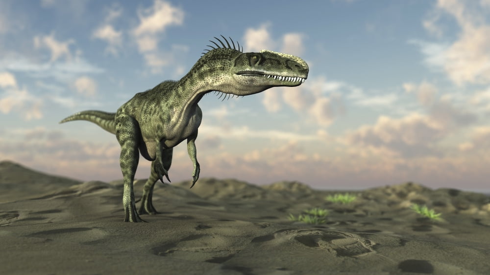 Monolophosaurus walking across desert terrain Canvas Art - Kostyantyn IvanyshenStocktrek Images (38 x 22)