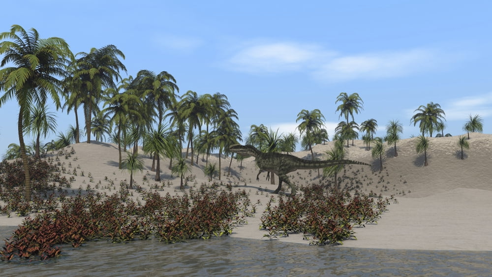 Monolophosaurus walking in a tropical environment Canvas Art - Kostyantyn IvanyshenStocktrek Images (38 x 22)