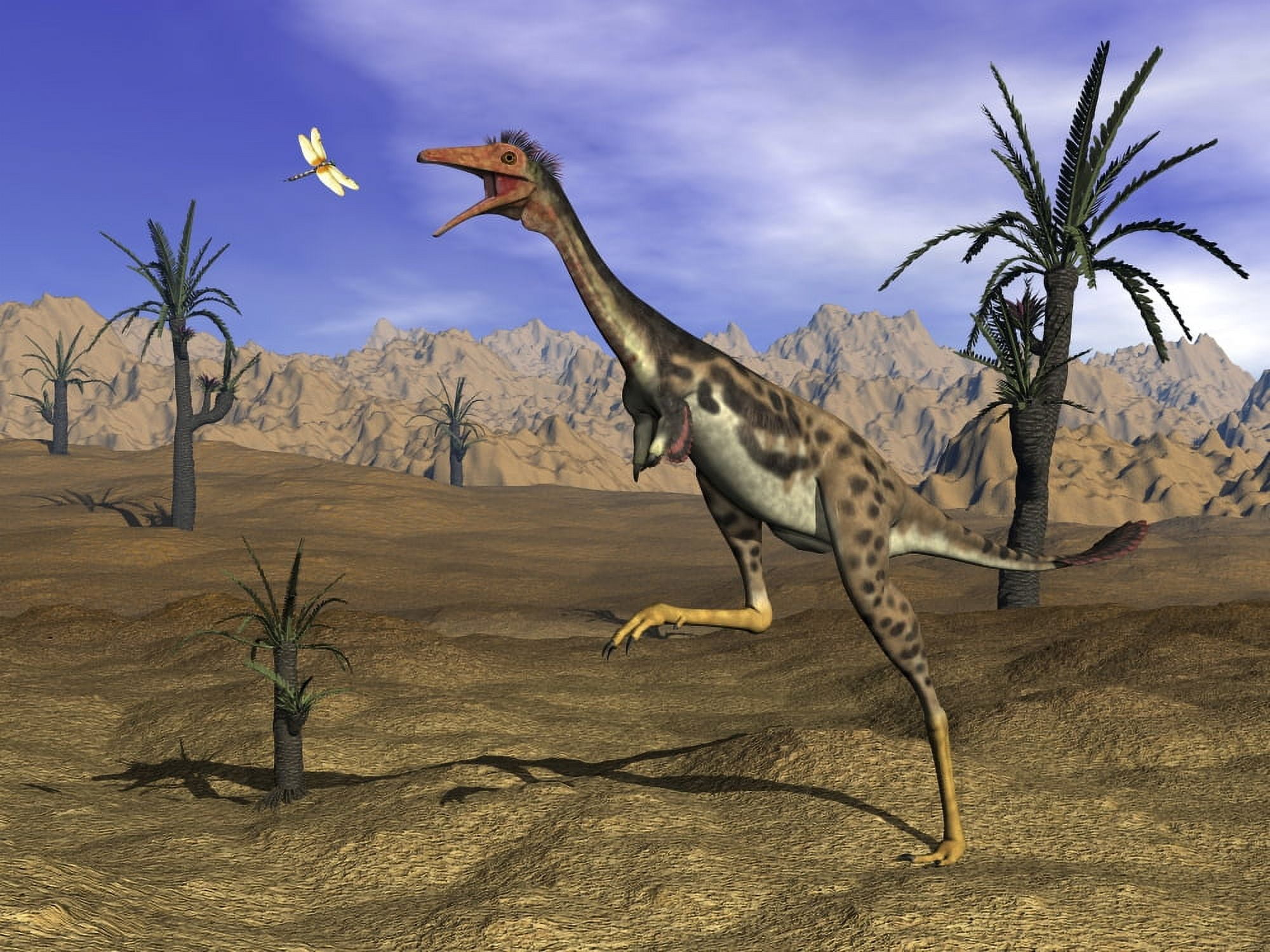 Mononykus dinosaur chasing a dragonfly in the desert Canvas Art - Elena DuvernayStocktrek Images (33 x 25)