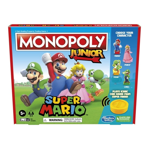 Monopoly Junior Super Mario Edition Board Game, Fun Kids' Ages 5 and Up, Explore The Mushroom Kingdom as Mario, Peach, Yoshi, or Luigi ( Exclusive)