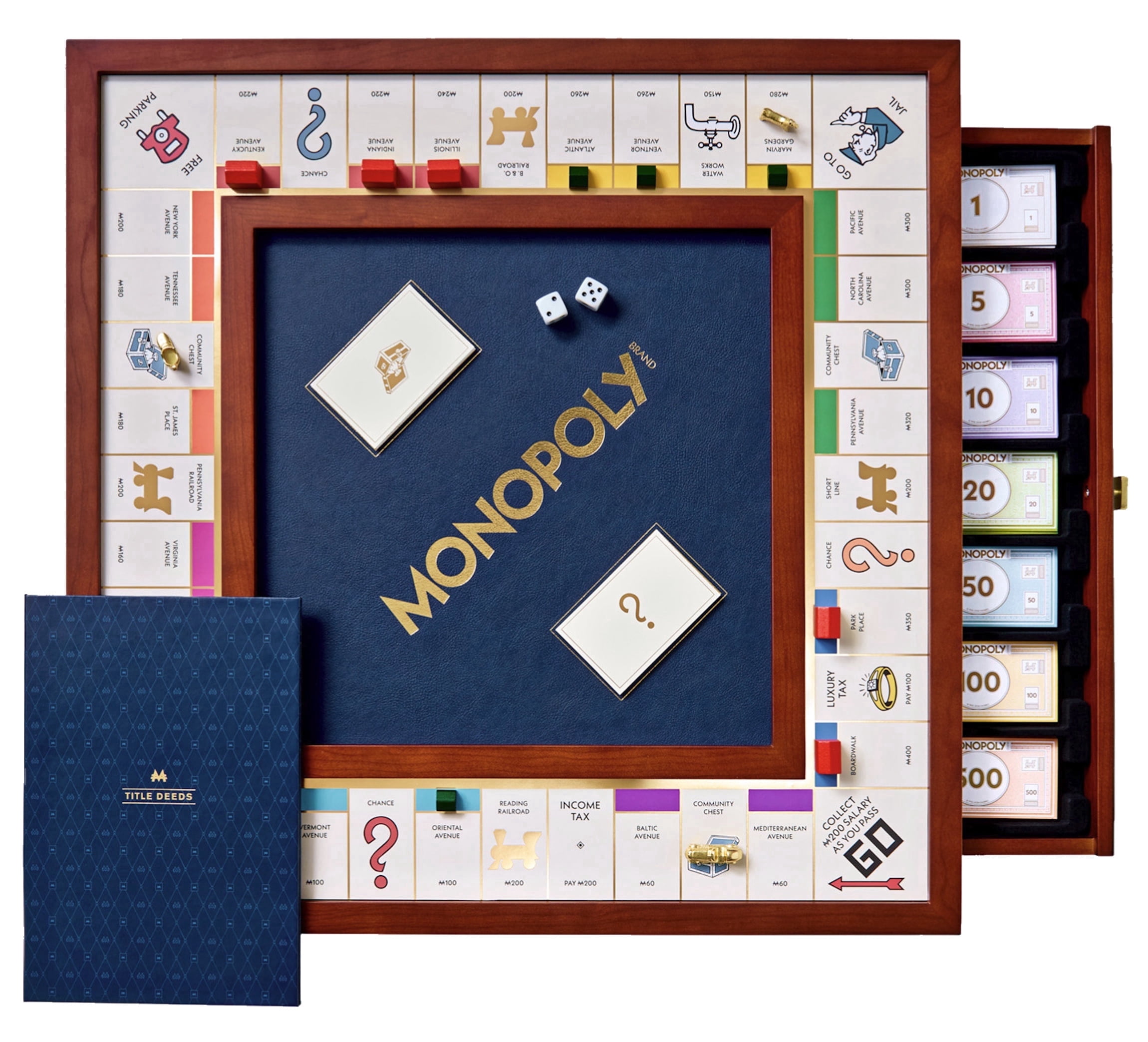 Monopoly Legacy Edition by WS Game Company — Deluxe Cherry Wood Cabinet with Vegan Leather Rolling Area — Premium Collector’s Board Game featuring Two Storage Drawers, Gold-Toned Tokens, Wood Houses