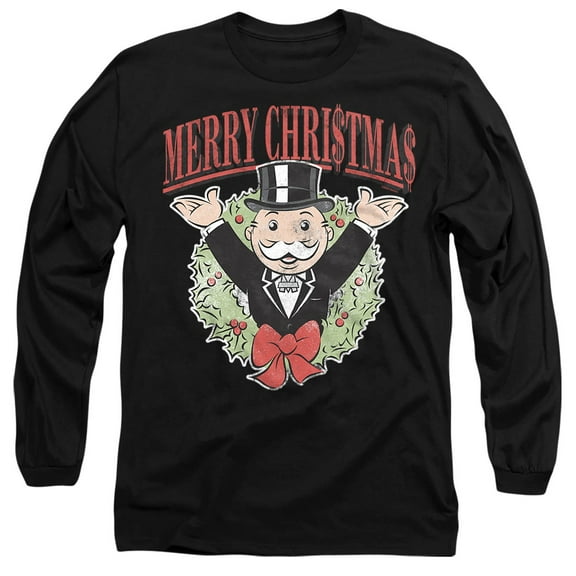 Monopoly Man Merry Christmas Unisex Adult Long-Sleeve T Shirt, Black, Medium