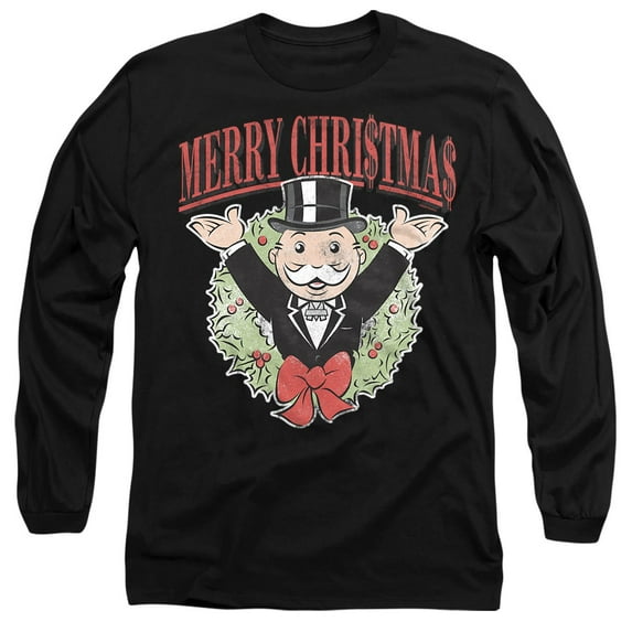 Monopoly Man Merry Christmas Unisex Adult Long-Sleeve T Shirt, Black, Small