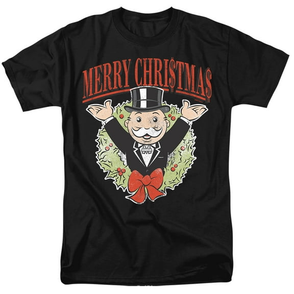 Monopoly Man Merry Christmas Unisex Adult T Shirt, Black, Medium