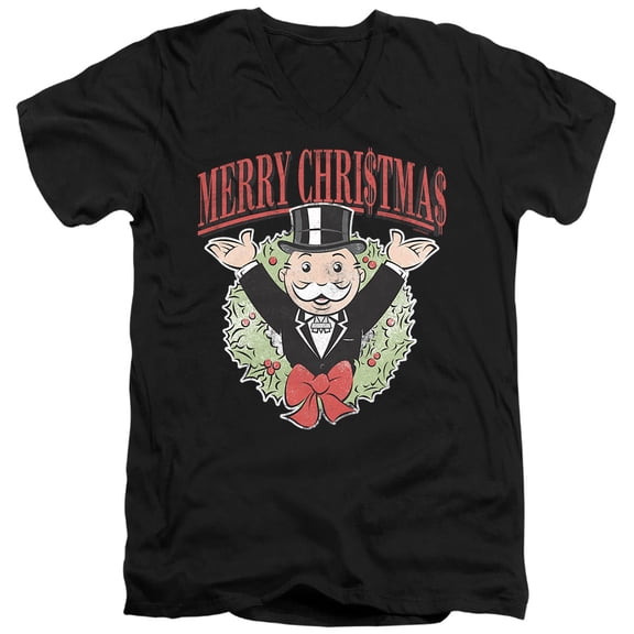 Monopoly Man Merry Christmas Unisex Adult V-Neck T Shirt (Medium) Black