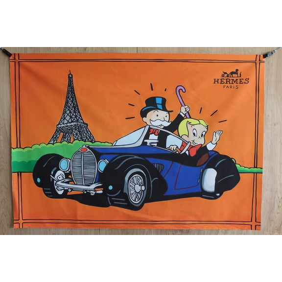 Monopoly Man and Richie Rich Driving in Paris Unframed Canvas Painting 52 x 74