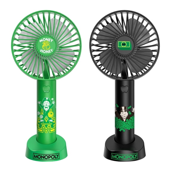 Monopoly Portable Handheld Fan 2 Pack, Rechargeable Personal Fans with Stand, Multi-Speed, Green and Black
