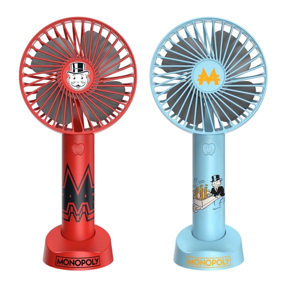 Monopoly Portable Handheld Fan 2 Pack, Rechargeable Personal Fans with Stand, Multi-Speed, Red and Light Blue