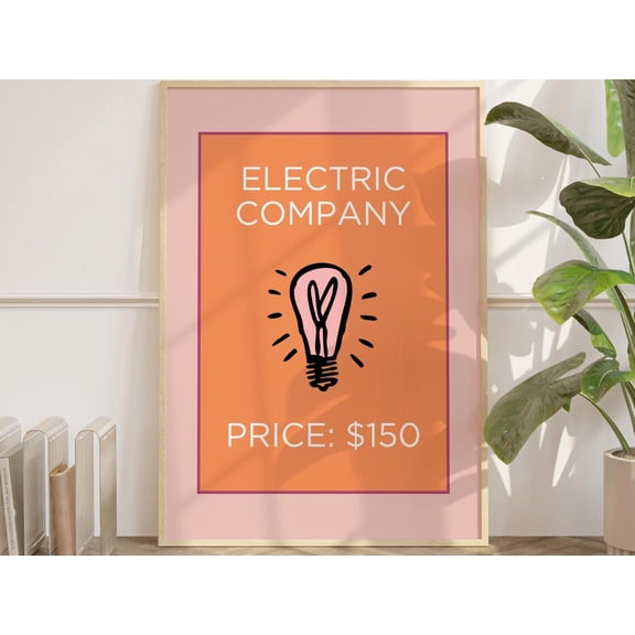 Monopoly Print Girly Wall Art Orange Electric Company Monopoly Board Game Wall Art Game Room Poster Bathroom Wall Art Kitchen Art Pink Dorm Wall Art, Modern Wall Decor, 8x12 UNFRAMED
