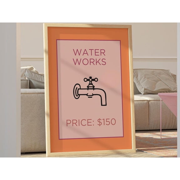 Monopoly Water Works Wall Decor Quirky Feminine Bathroom Art New Home Decor Gallery Wall Print Game Room Retro Monopoly Inspired Poster Pink Wall Art, Modern Wall Decor, 8x12 UNFRAMED