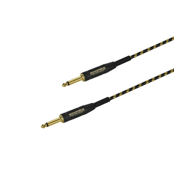 Monoprice Braided Cloth 1/4 Inch (TS) Male 20AWG Instrument Cable Cord - 10 Feet - Black (Gold Plated)