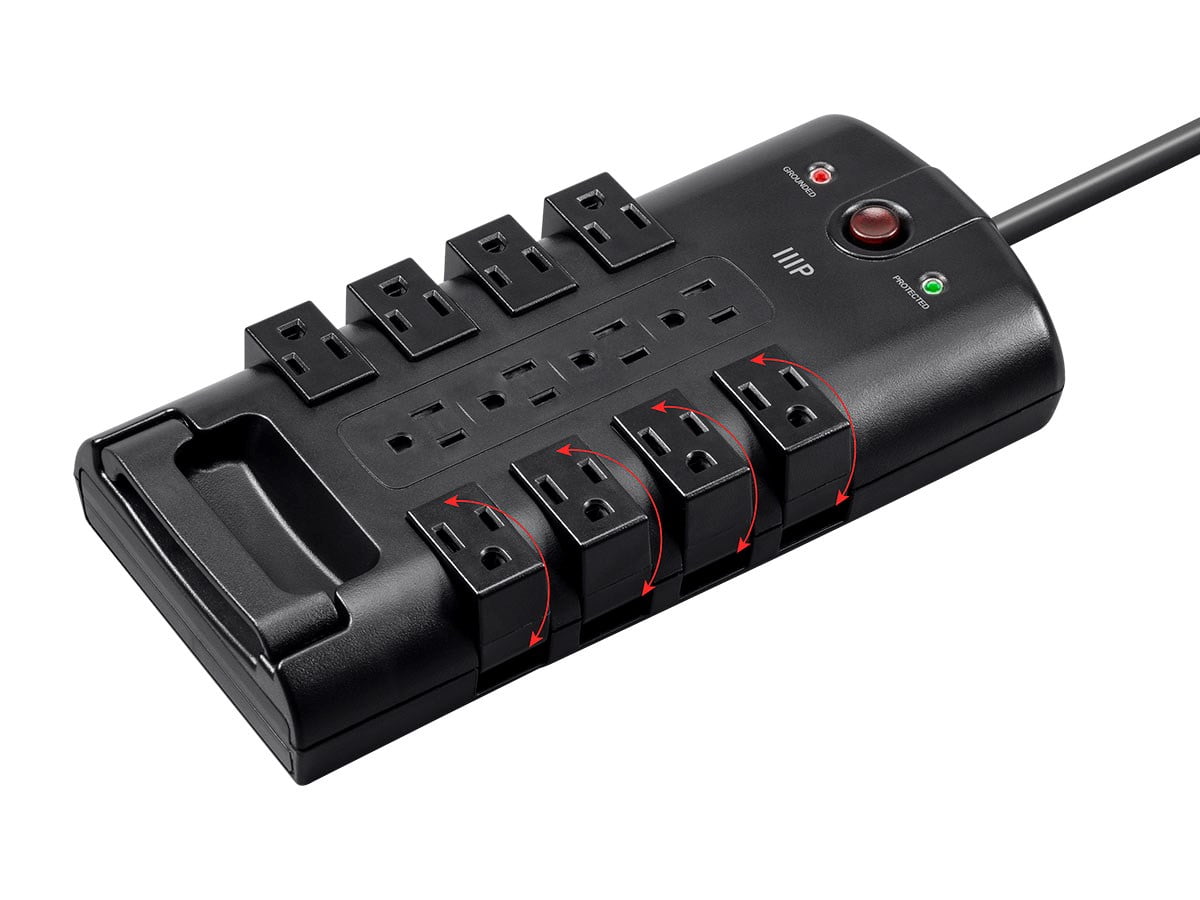 Monoprice 12 Outlet Rotating Surge Protector Power Block / Strip - 10 Feet - Black | Heavy Duty Cord | UL Rated, 4,320 Joules With Grounded And Protected Light Indicator