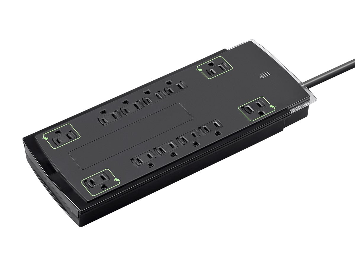 Black Slim 12-Outlet Surge Protector Power Strip with 10-Foot Cord