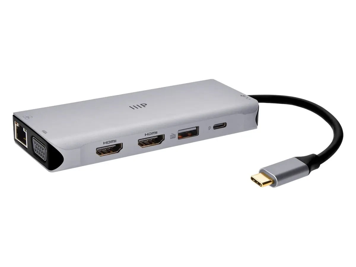 Monoprice 12-in-1 Dual-HDMI + VGA MST Triple Monitor Docking Station, Dual 4K HDMI, VGA, 5Gbps USB‑A, Gigabit Ethernet, SD/MicroSD Readers, 100W PD, 3.5mm Dual Audio/Microphone Jack