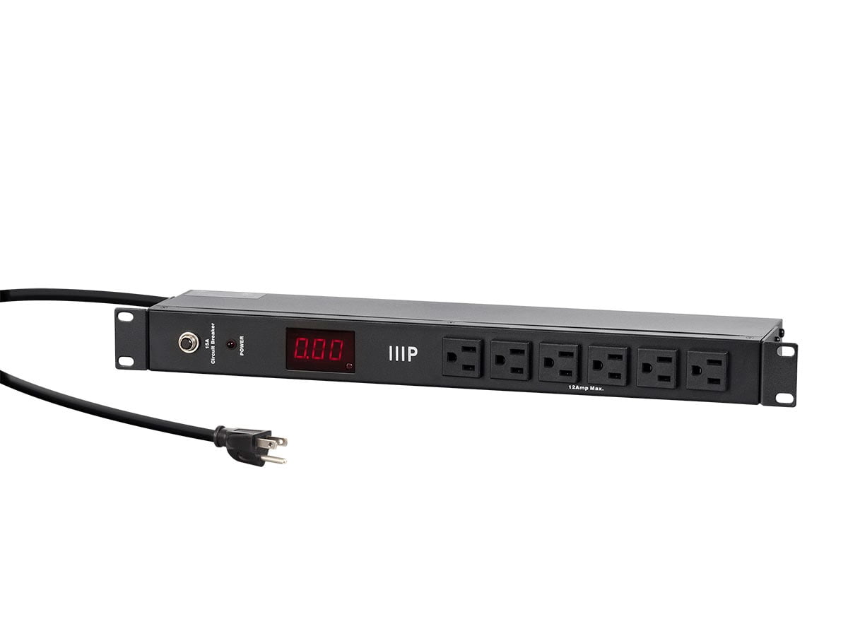 Monoprice 14 Outlet Metal 1U Rackmount Power Distribution Unit - 6 Feet Cord - Black | with Ampere Meter, 8 Rear 6 Front NEMA 5-15R Outlets, 15A Circuit Breaker