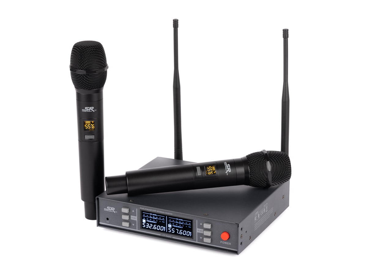 Monoprice 200-Channel UHF Dual Handheld Wireless Microphones System, 262‑foot (80‑meter) Range, Perfect for Church, Birthdays, Karaoke, Weddings, Events - Stage Right Series