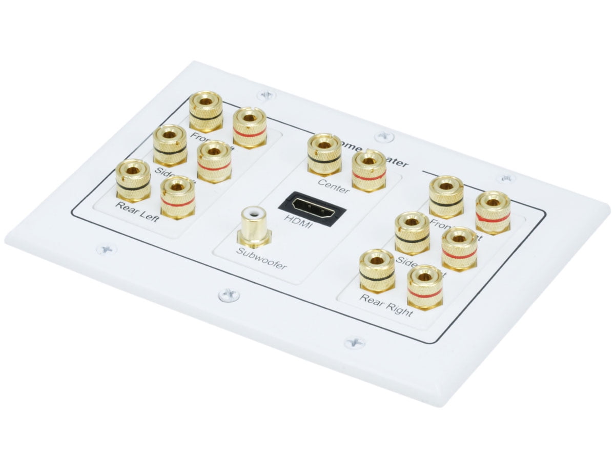 White 3-Gang 7.1 Surround Sound Wall Plate with HDMI and RCA