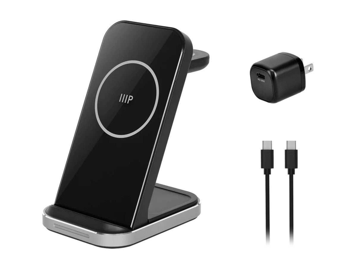 Monoprice 3‑in‑1 Wireless Charging Station for iPhone, Apple Watch, AirPods, Bundled with Quick Charge 3.0 Wall Charger, Fast Charging, Triple Sense LED Indicator, Detachable Watch Charger