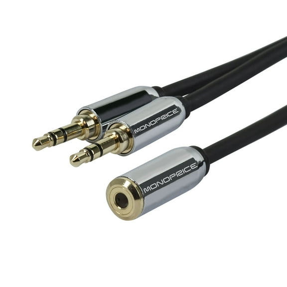 Monoprice Audio Cable - 0.5 Feet - Black | 3.5mm Female Plug to Two 3.5mm Male Jacks for Mobile, Gold Plated