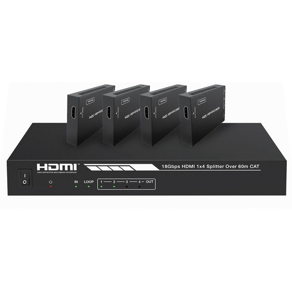 Monoprice Blackbird 4K HDMI 2.0 1x4 Splitter Extender Kit | 18Gbps, HDR, 4K@60Hz, Cat7 With IR, Loop Out, EDID, POC & 4 Receivers, Up to 60 Meter (197ft)